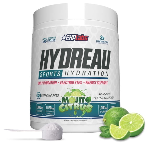 EHP Labs Hydreau Electrolytes Powder No Sugar - Hydration Powder for Endurance & Energy - Electrolyte Powder for Men & Women - Sugar Free Electrolytes - Citrus Mojito (40 Serves)