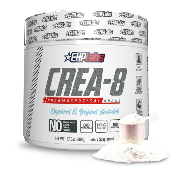 EHP Labs CREA-8 Creatine Monohydrate Powder - Unflavored Creatine Powder for Muscle Growth, Increased Strength, Enhanced Energy Output and Improved Performance - 100 Servings (500g)