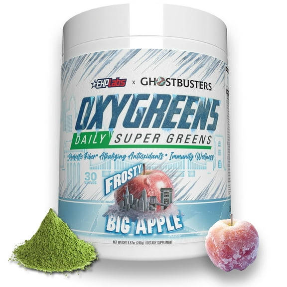 EHP Labs x Ghostbusters OxyGreens Super Greens Powder - Spirulina & Chlorella Superfood, Green Juice Powder with Prebiotic Fibre, Antioxidants & Immunity Support, 30 Serves (Frosty Big Apple)