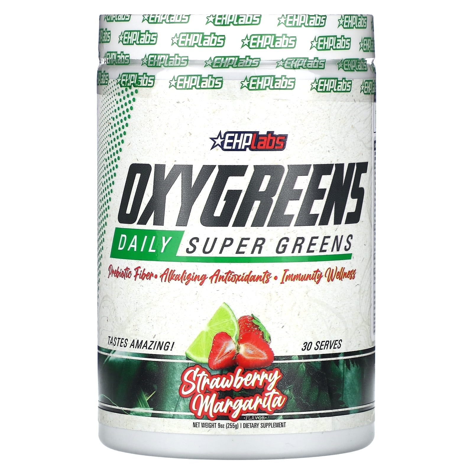 EHP Labs OxyGreens Super Greens Powder - Spirulina & Chlorella Superfood, Green Juice Powder & Greens Supplements with Prebiotic Fibre, Antioxidants & Immunity Support, 30 Serves (Strawb. Margarita)