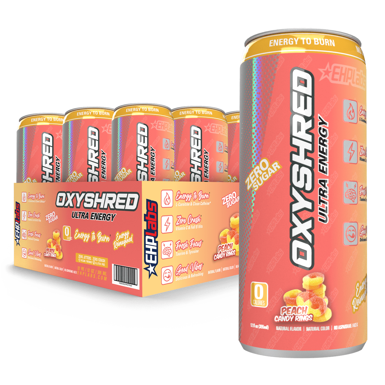 EHPlabs OxyShred Ultra Energy Drink - Performance Carbonated Energy Drink with Zero Sugar, Carbs & Calories, 100% Natural, Peach Candy Rings (12-Pack)