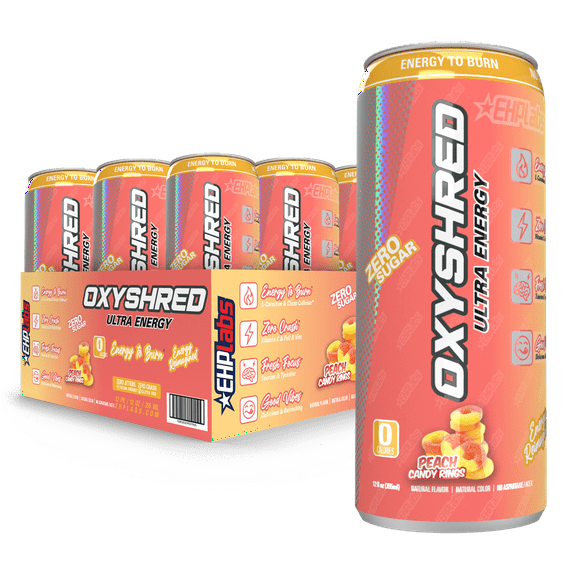 EHPlabs OxyShred Ultra Energy Drink - Performance Carbonated Energy Drink with Zero Sugar, Carbs & Calories, 100% Natural, Peach Candy Rings (12-Pack)