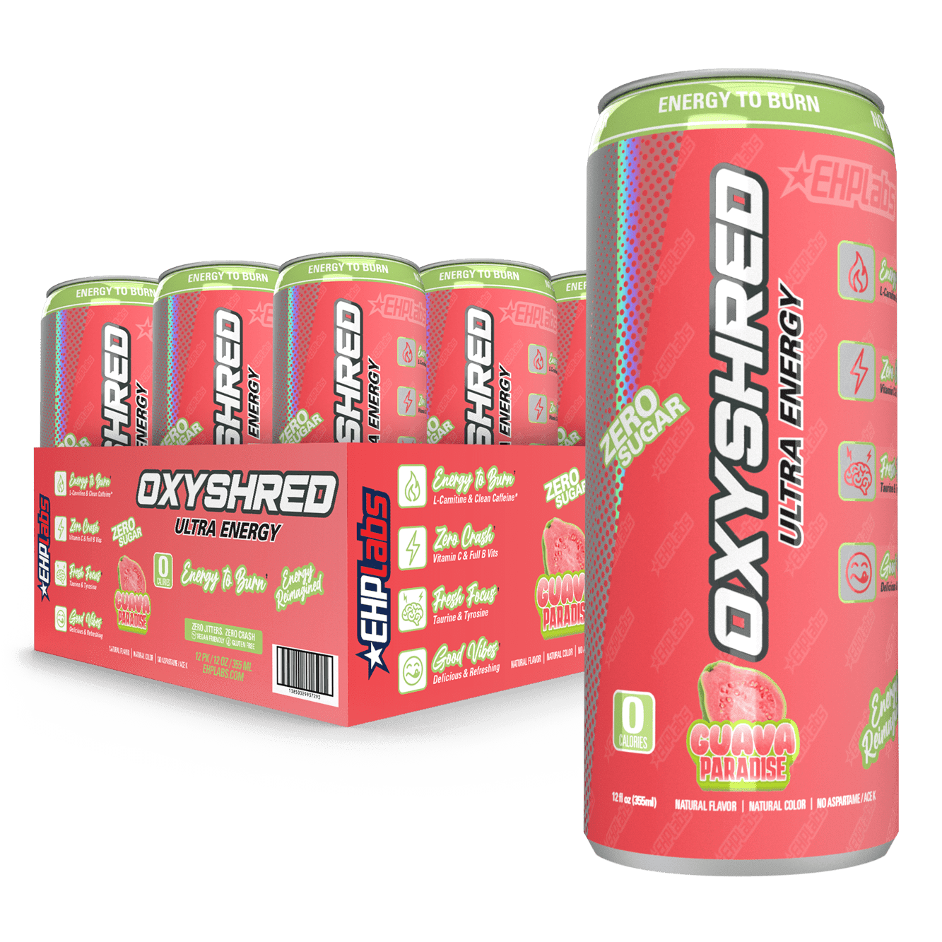 EHPlabs OxyShred Ultra Energy Drink Healthy, Zero Sugar, Guava Paradise, 12Pack