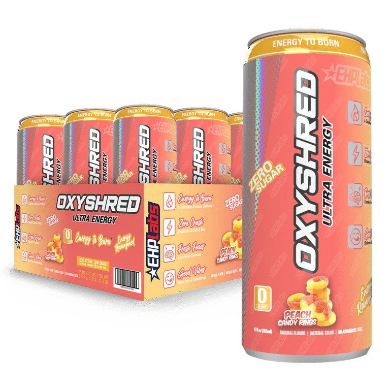 EHP OxyShred RTD Energy Drink 12 Case Red Peach Candy Rings