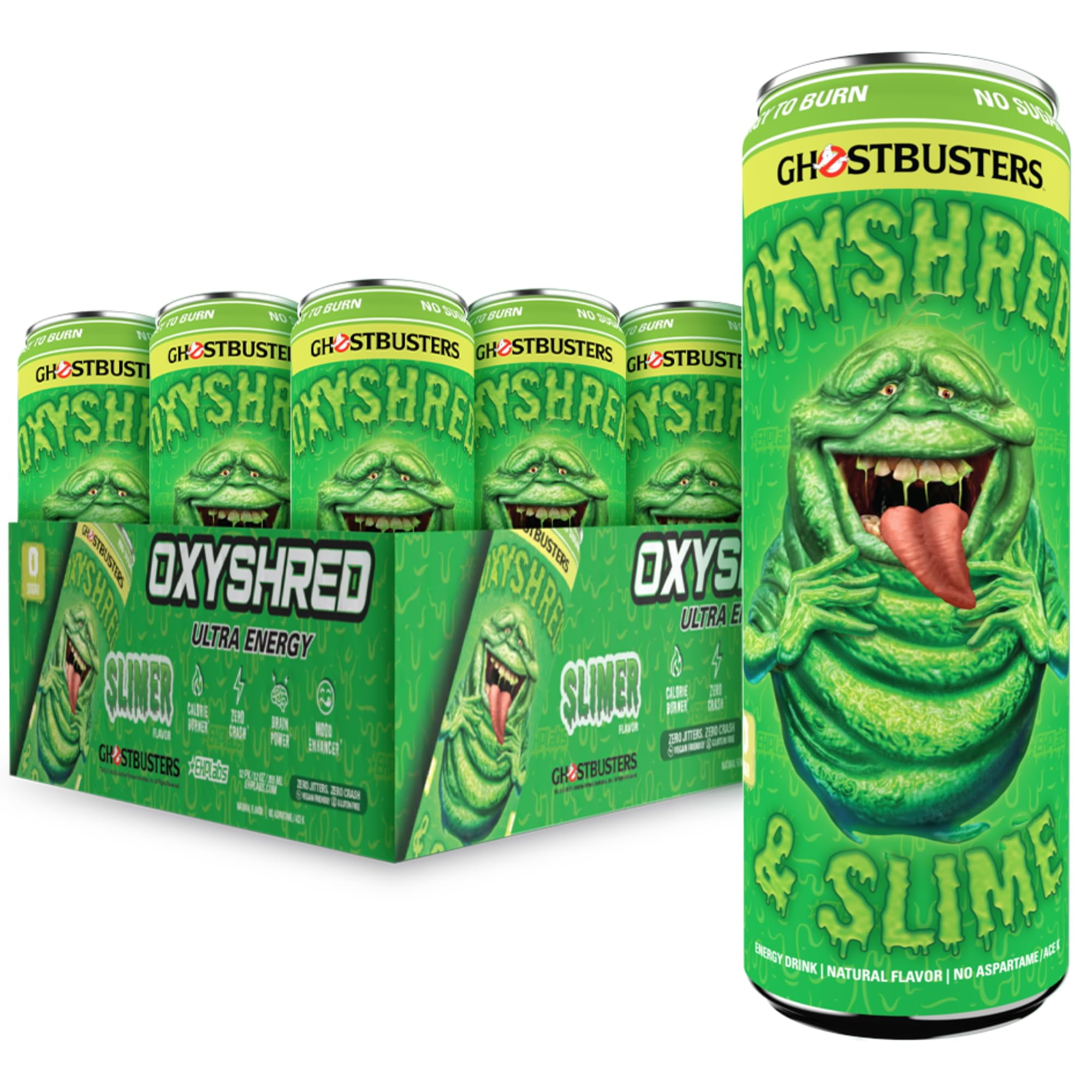 EHPlabs x Ghostbusters OxyShred Ultra Healthy Energy Drink, Sugar Free Energy Drink with Amino Acids, Green Tea Extract, Vitamin C & L Carnitine, Natural Caffeine - Slimer Lime (12-Pack)