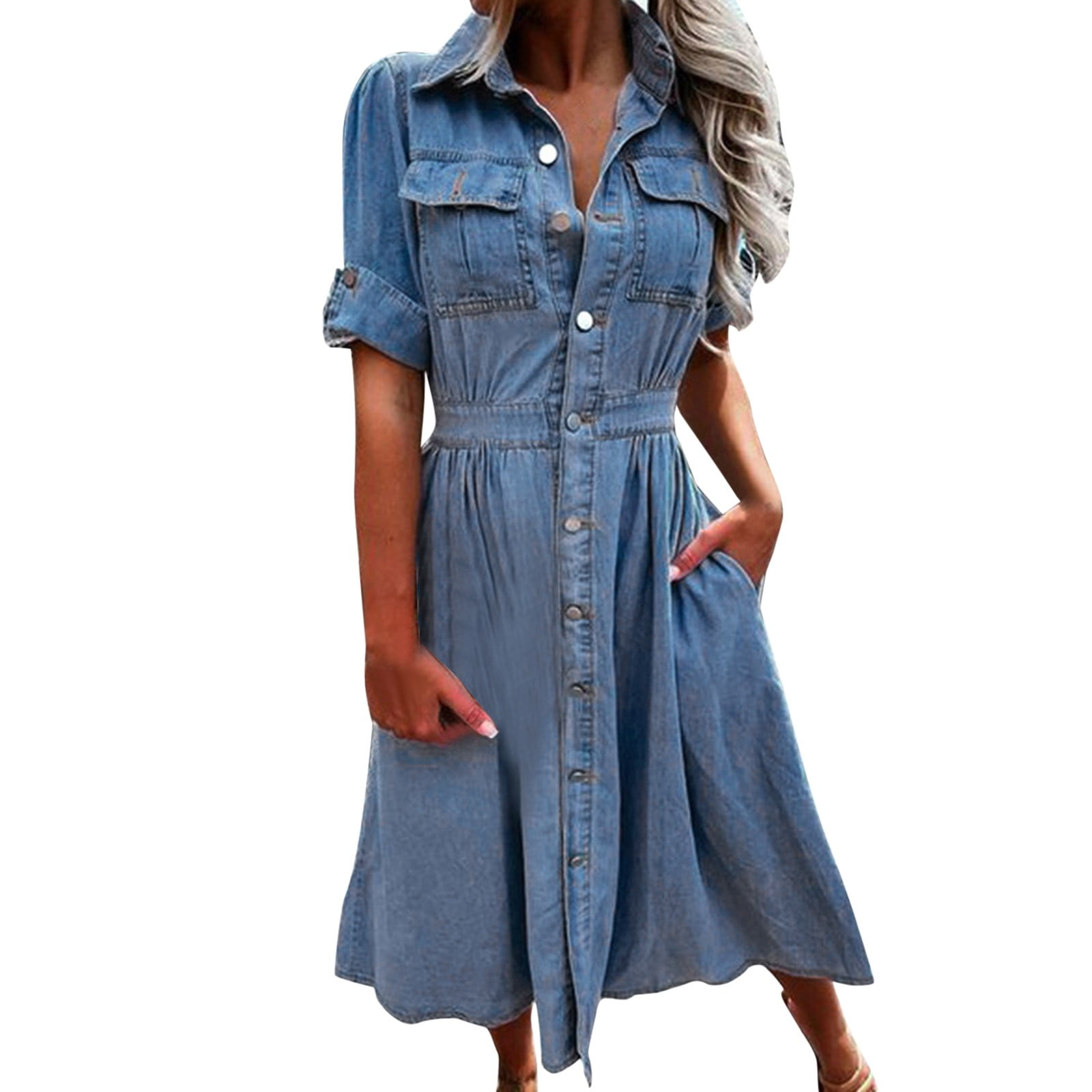 Zilcremo Women Denim Shirt Dresses Short Sleeve Distressed