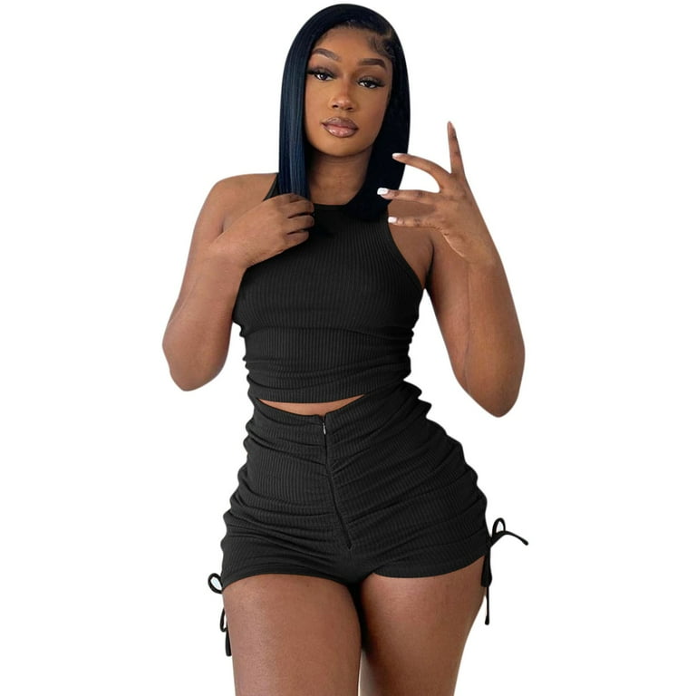 EHQJNJ 2 Piece Outfits for Women Club Summer Two Piece Outfits Casual Stretchy Ribbed Tank Crop Top Drawstring Ruched Shorts Set Workout Tracksuits