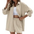 thumbnail image 1 of EHQJNJ 2 Piece Outfits for Women Clubwear Cotton Linen Set Casual Tracksuit Button Down Short Sleeve Shirt Drawstring Shorts Pockets 2 Piece Set 70's Outfits for Women, 1 of 8