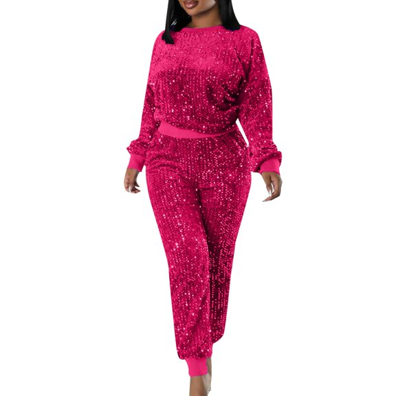 EHQJNJ 2 Piece Sweatsuits for Women Women's Casual Fashion Sequins Velvet Round Necked Long Sleeved Blouse Trousers Two Piece Suit Pink Tracksuit Sweatsuit Women 2 Piece Outfits Pink