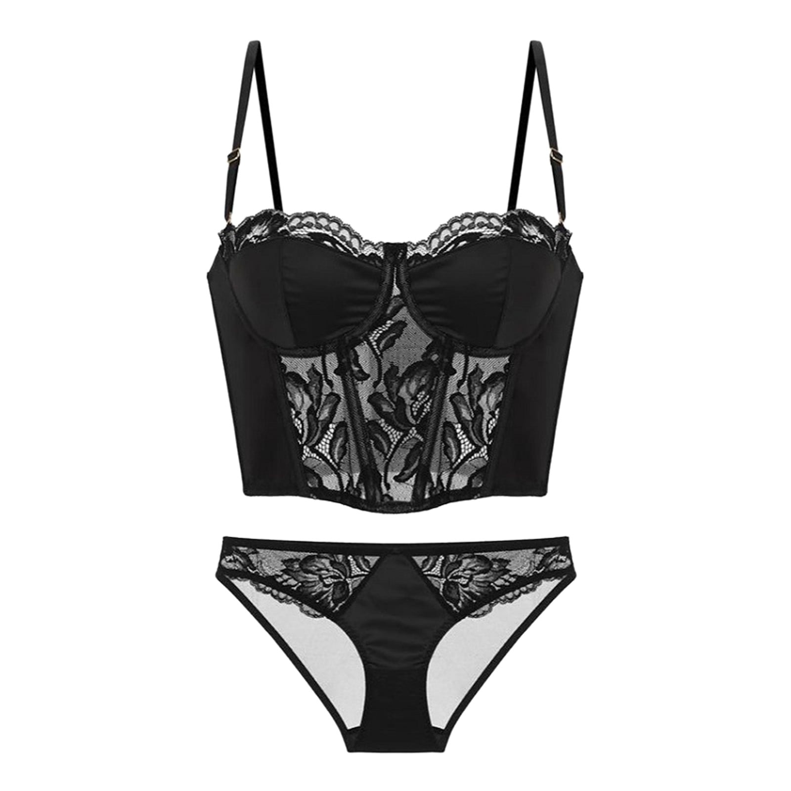 Ehqjnj Black Garter Panties And Bralette Set Women Thin Cup Lace