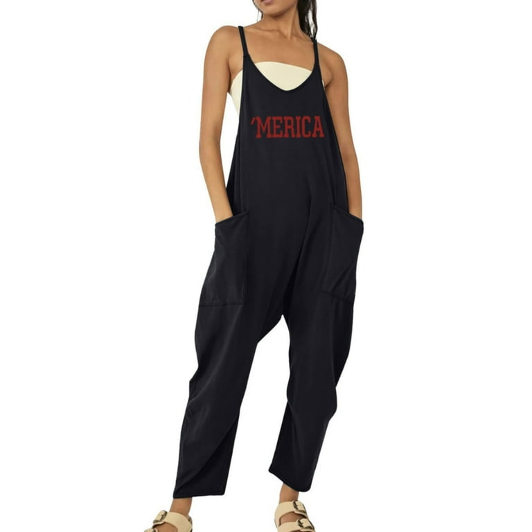 EHQJNJ Black Jumpsuit Independence Day Printed Suspender Pants Jumpsuit Pocket Suspenders Women Womens Rompers and Jumpsuits for Winter Womens Jumpsuit Tummy Control Built in Bra Walmart