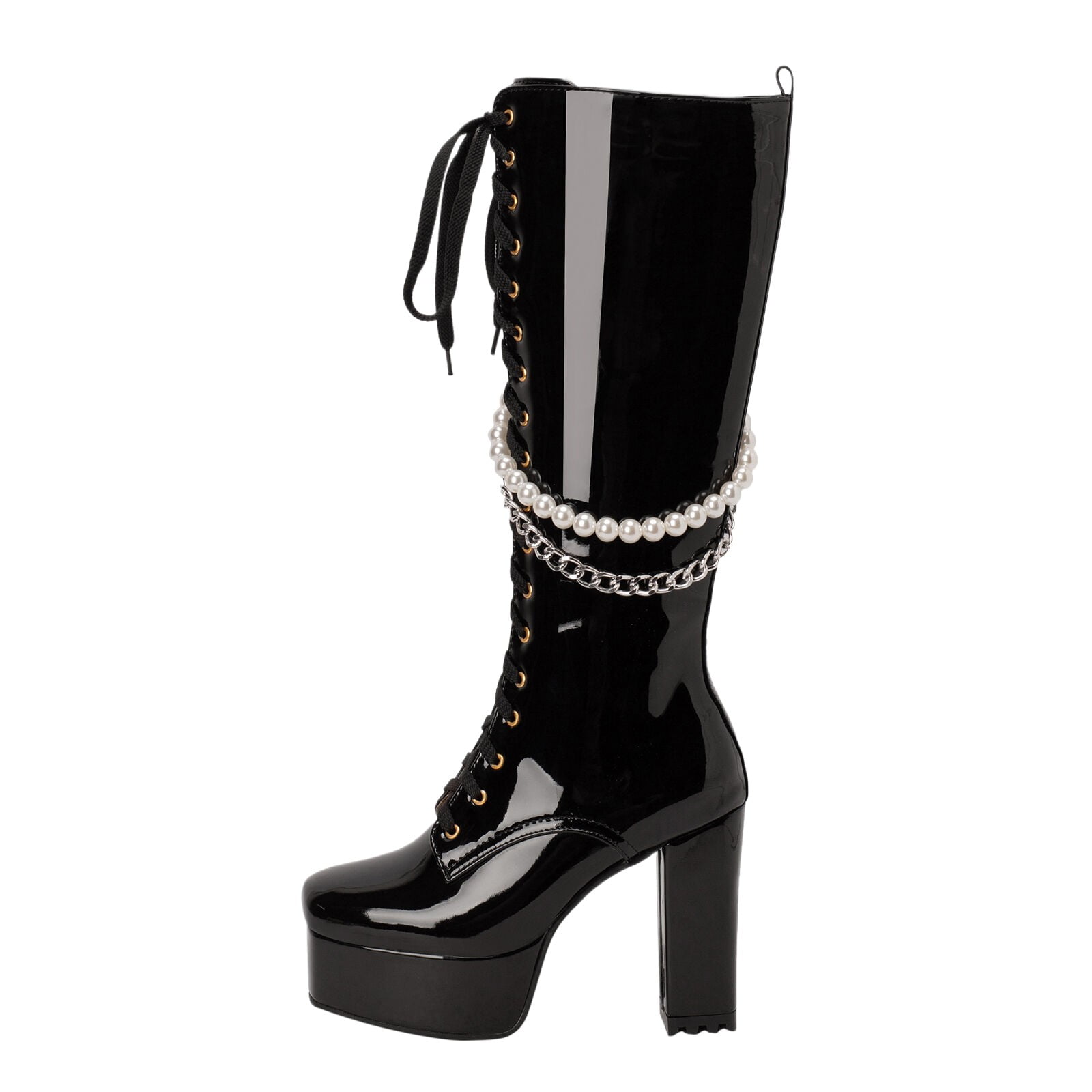 【COLOR iN ID】Platform Sole Leather Boots EHQJNJ Black Knee High Boots Womens Black Booties Solid