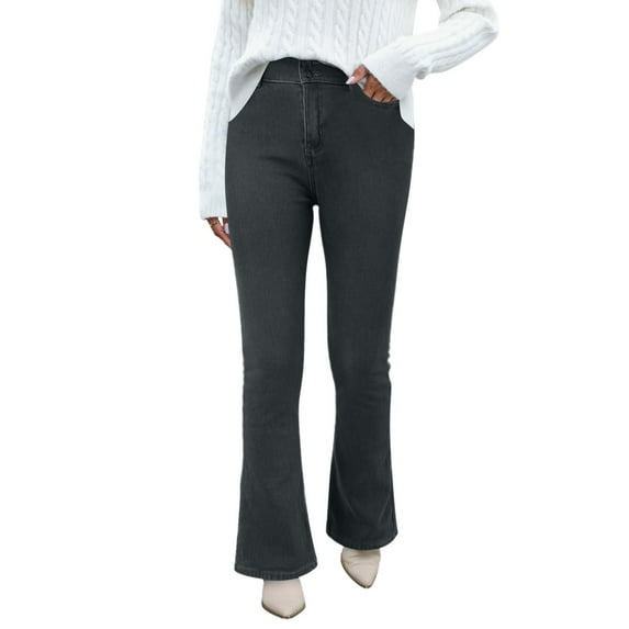 EHQJNJ Button Fly Jeans for Women Womens Pull On Jeans Women's Boot Cut Jeans High Waisted Elastic Brushed Lined Pants Flare Jeans Jeans Thermal Pants Winter Clothing