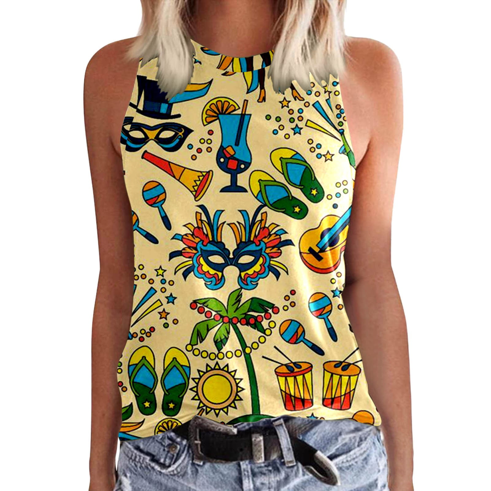 EHQJNJ Tank Top Bodysuit for Women Built in Bra Womens Fashion Crewneck  Sleeveless Print Tank Tops Summer Casual Loose Fit Basic Beach Blouse T  Shirts