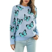 EHQJNJ Casual Sweaters for Women Trendy Women's Long Sleeve Crew Neck Butterfly Pattern Knit Pullover Sweater Tops