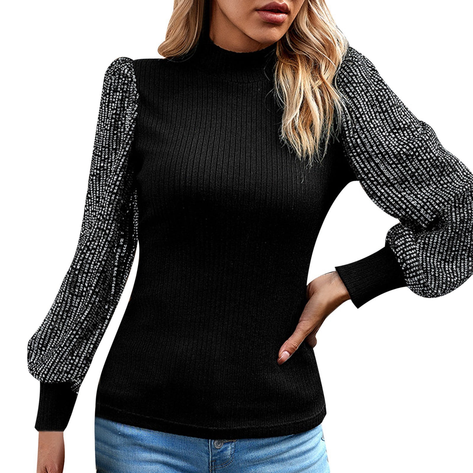 ZXSXSY Womens Sparkle Sequins Long Sleeve Mock Neck Ribbed ZXSXSY Womens Sparkle Sequins Long Sleeve Mock Neck Ribbed