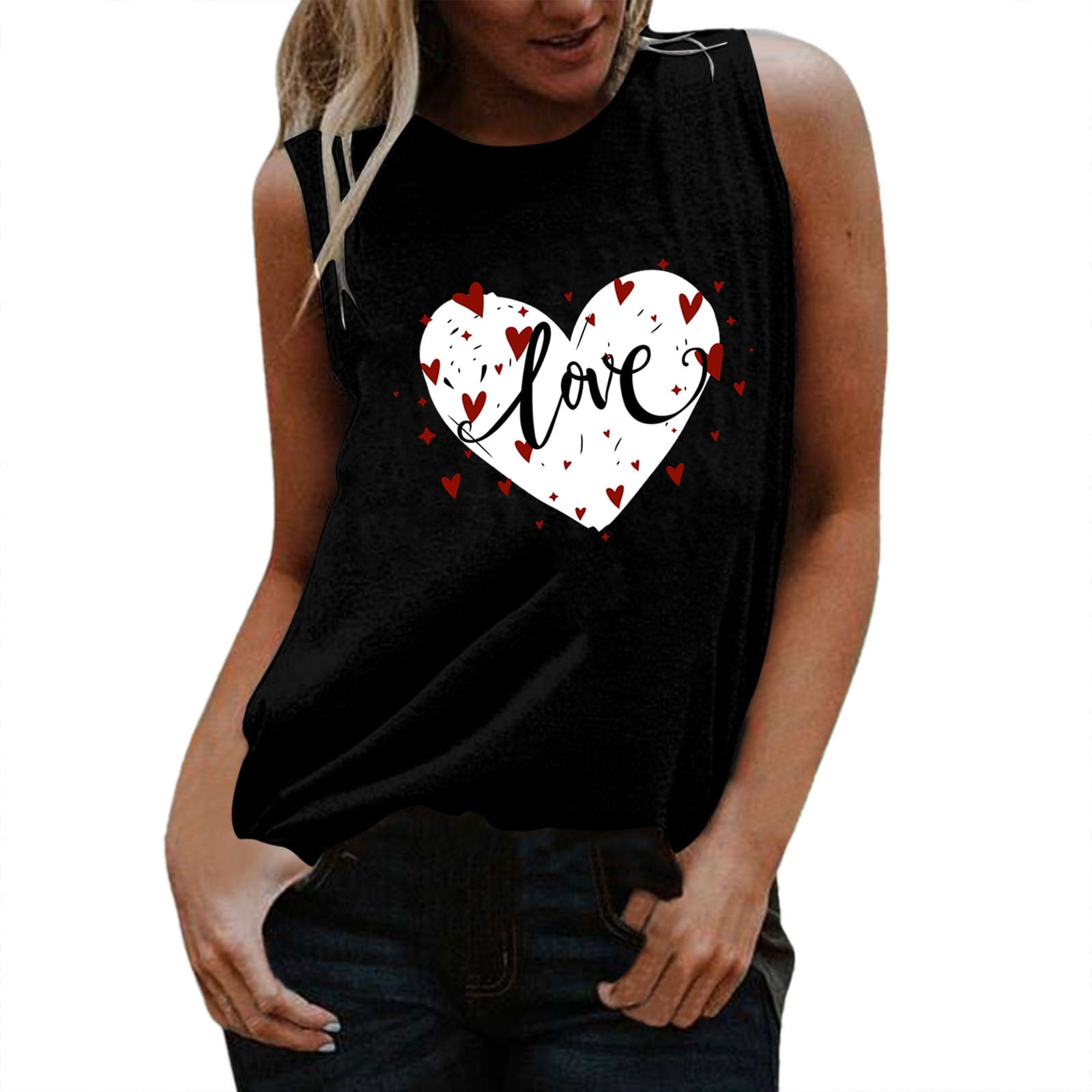 EHQJNJ Christmas Tank Top Womens Valentine Day Heart Love Print Tee  Sleeveless Round Neck T-Shirt Vest Tee Blouse Casual Tank Tops Tank Tops  for Women 2024 Workout 