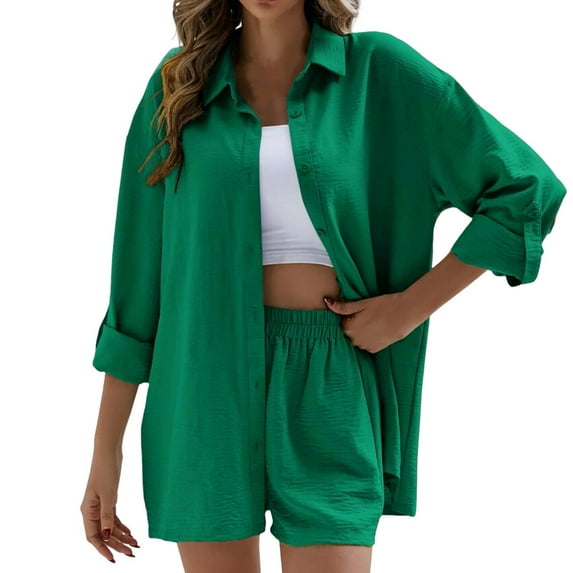 EHQJNJ Club Outfits for Women Shorts Cotton Linen Set Casual Tracksuit Button Down Short Sleeve Shirt Drawstring Shorts Pockets 2 Piece Set Date Night Outfit for Women Casual