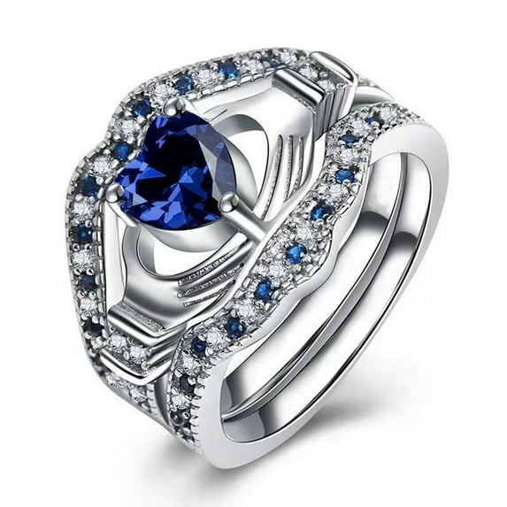 EHQJNJ Cubic Zirconia Rings Wedding Sets Blue Three Layer Holding the Heart Ring Engagement Rings for Women Men Exquisite Ring Size 5 To 12 Wife Gift Ideas Couples Rings