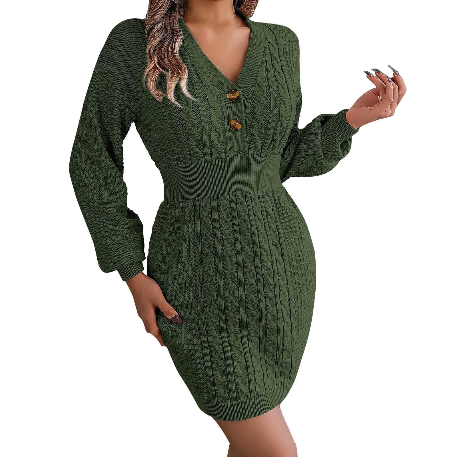 EHQJNJ Dark Green Velvet Dress Women Long V Neck Button High 