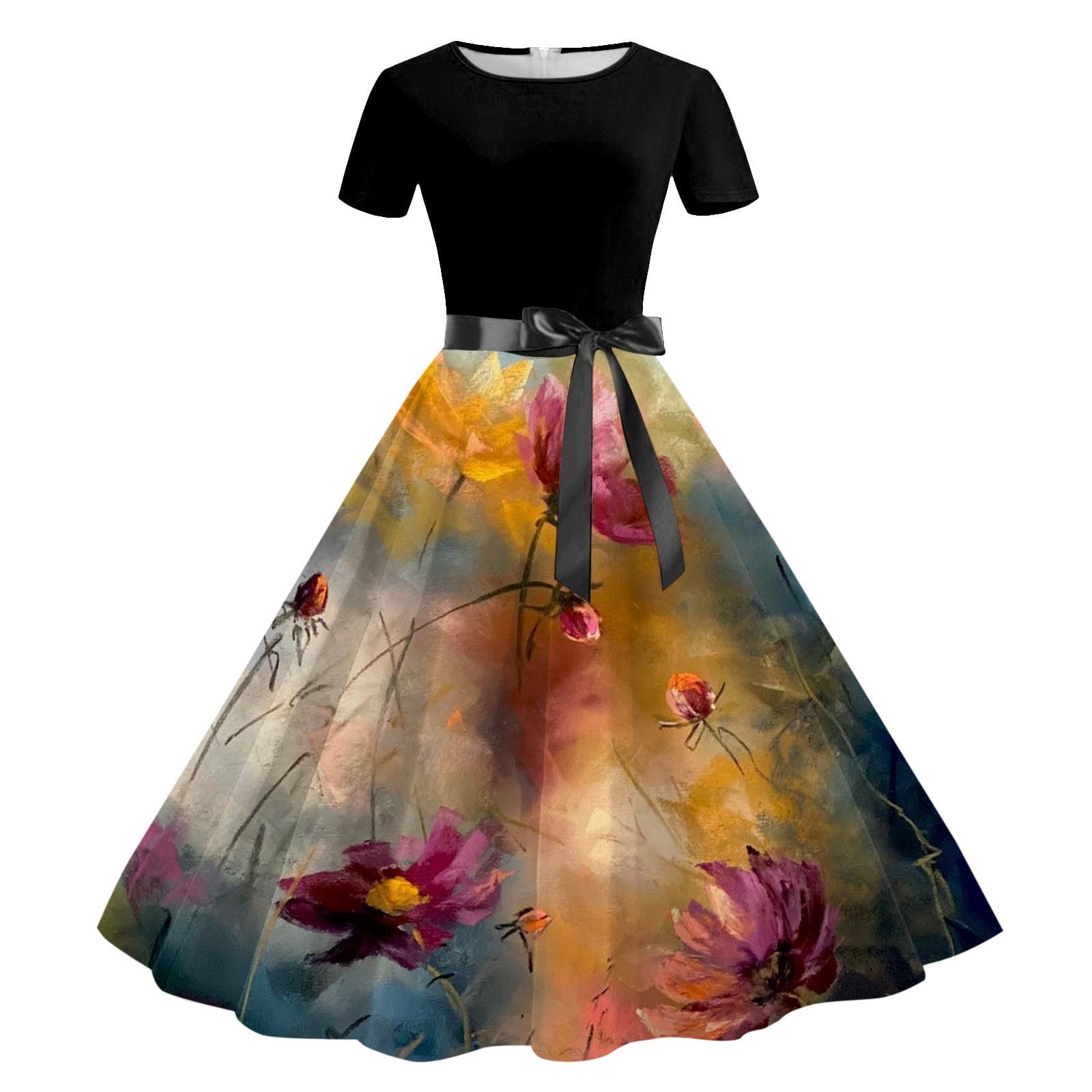 EHQJNJ Dresses Casual Vintage Dresses for Women Short Sleeve Knee