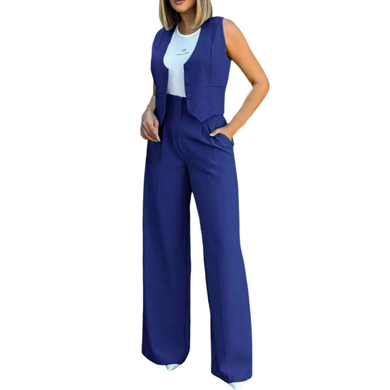EHQJNJ Dressy Pant Suits Plus Size Elegant Solid Color Suit Vest Tank Cardigan Pockets Tops Wide Leg Pants Suit Denim Two Piece Outfits for Women