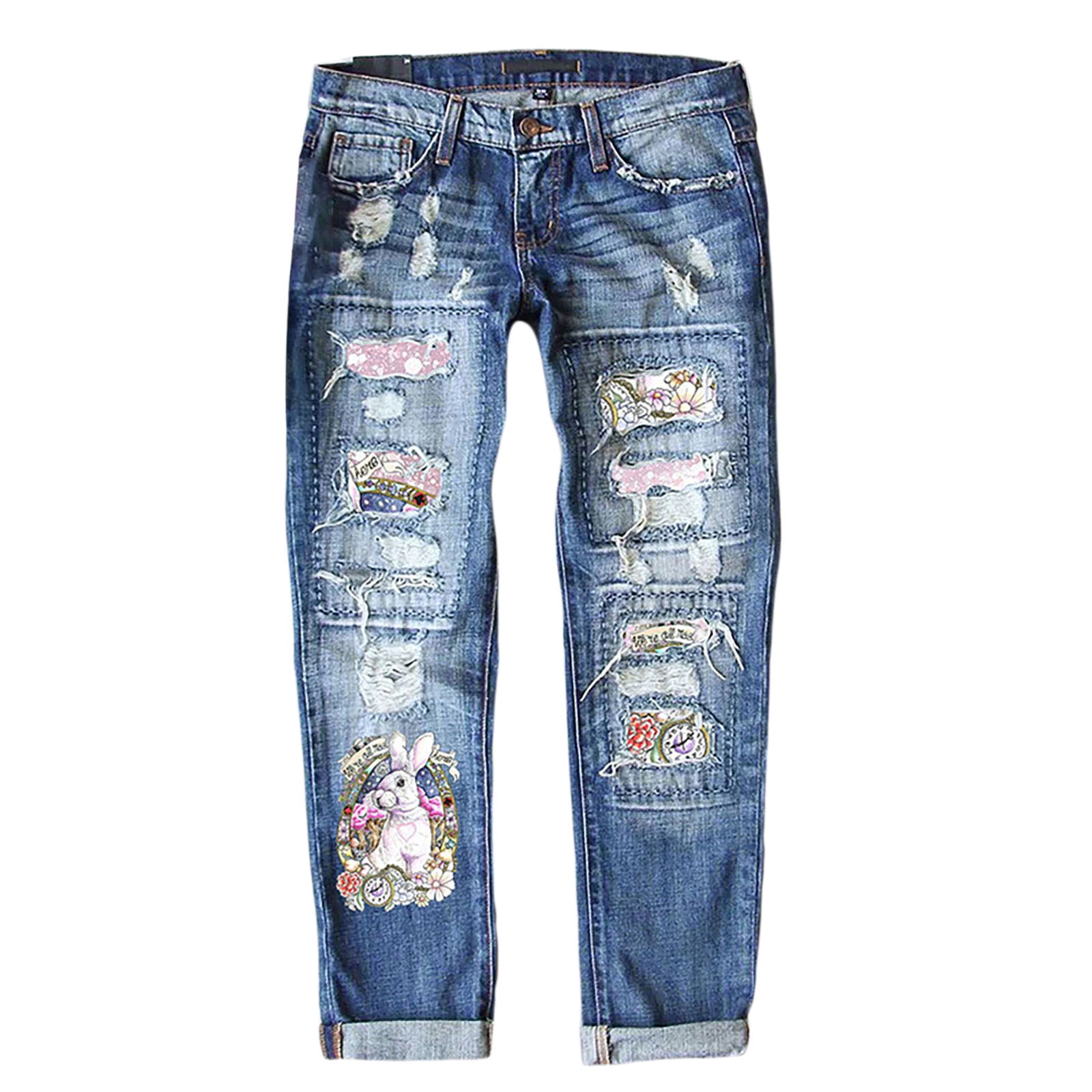 EHQJNJ Female Barrel Jeans women Easter Bunny Jeans with Printed Holes ...