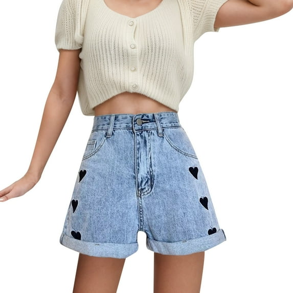 EHQJNJ Female Black Shorts Women Sexy Tummy Control Women's Spring and Summer High Waist Slim Curled Fashion Love Embroidered Denim Shorts Gym Shorts Women High Waisted Leather Shorts