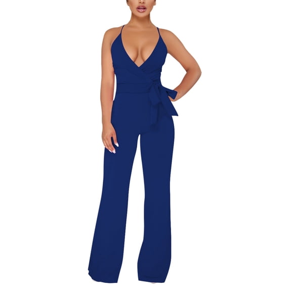 EHQJNJ Female Flared Jumpsuit Plus Size Women's Solid Color Halter V Neck Lace up Jumpsuit Womens Rompers and Jumpsuits Flare Jumpsuits for Women Long Sleeve Tall