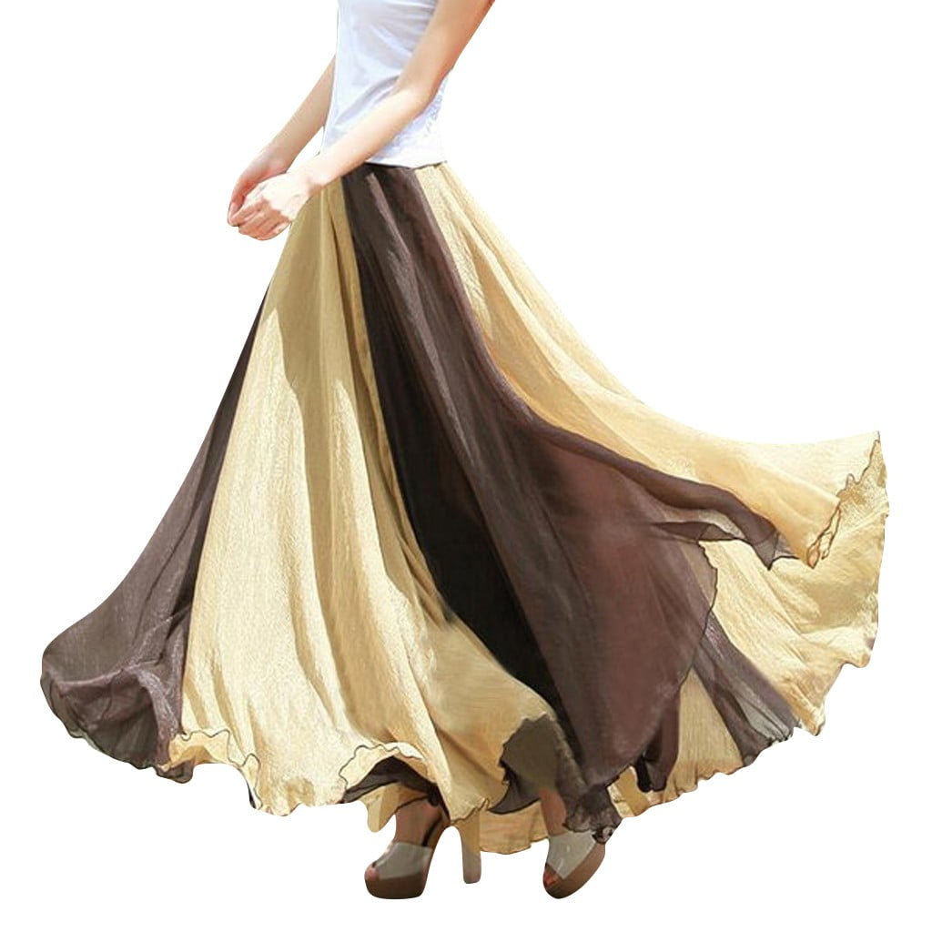 EHQJNJ Female Maxi Skirts for Women Summer 2024 Fashion Women Full Circle Skirt Flowing Color Matching Chiffon Bohemian Skirt Plus Size Skirts for Women Denim Summer Skirts with Pockets Office Walmart...