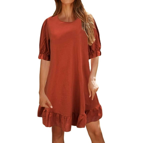 EHQJNJ Female One Shoulder Dresses for Women Women Fashion Solid Retro Cotton and Linen Mid Sleeve Round Neck Loose Wide Hem Dress Summer Maxi Dresses for Women 2024 with Sleeves Black Party Dress