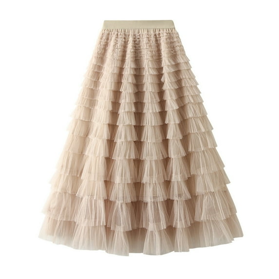 EHQJNJ Female Skirt for Women Women's a Line Pleated Skirt Long Tutu Skirt Ruffle Mesh Vintage Calf Length Chiffon High Waist Bubble Skirt Plus Size Skirt Slit Midi Skirt with Slit for Women