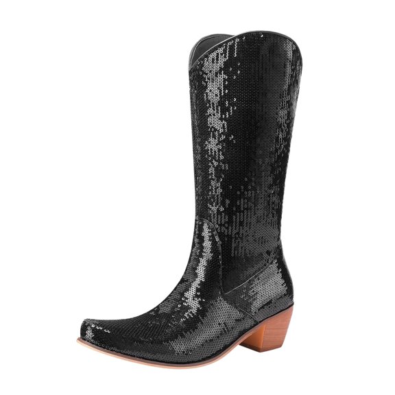 EHQJNJ Hunting Boots Tall Black Boots Ladies Sequin Heels Western Cowboy Boots Pointed Toe Mid Calf Knee High Boots for Women