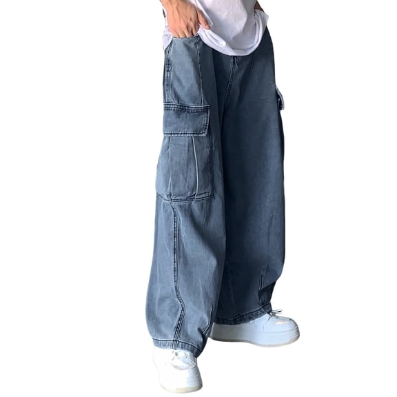 EHQJNJ Low Rise Jeans Mens Retro Sag Loose Wide Leg Casual Large Pocket Cargo Denim Wash Daddy Pants Plus Size Jeans Stretchy Flare Blue Jeans Men Relaxed Fit Boot Cut