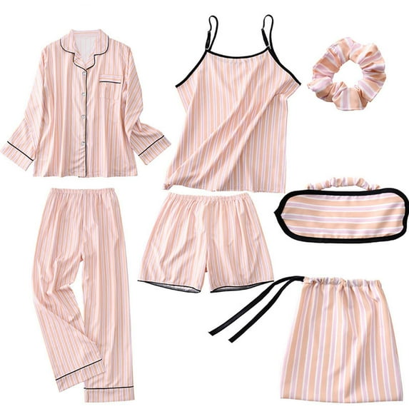 EHQJNJ Maternity Pajamas for Women Imitation Cotton Striped Silk Seven Piece Pajamas Women Four Seasons Can Be Worn Outside the Home Clothing Suit Long Sleeve Pajamas for Women Set Silk