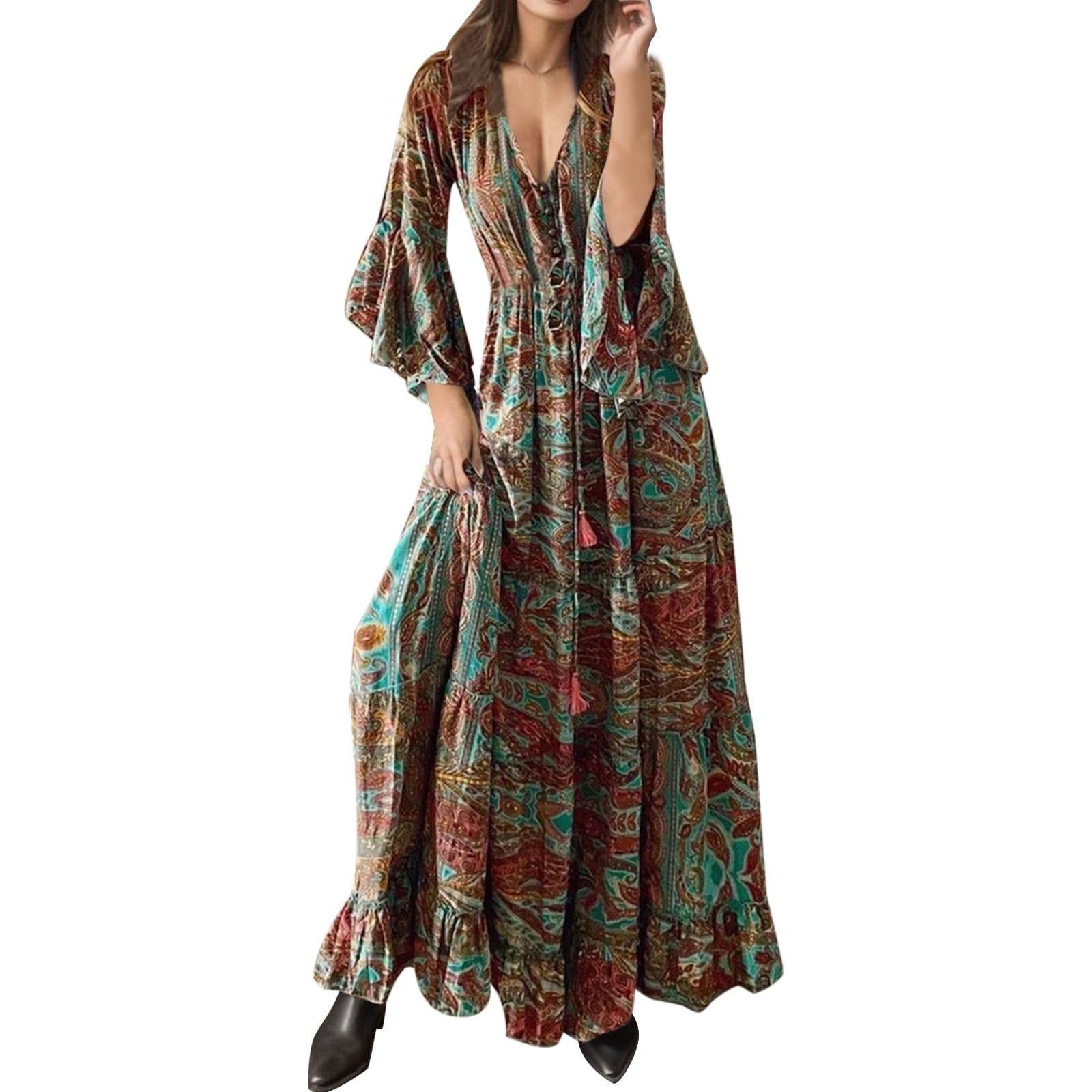 EHQJNJ Midi Dress Bohemian Flared Sleeve Floral V Neck High Waist