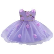 EHQJNJ New Born Clothes Baby Girl Going Home Outfit Toddler Girls Sleeveless Floral Embroidery Lace Princess Gown Party Evening Dress Wedding Dress For Children Clothes Fashion Purple Plaid