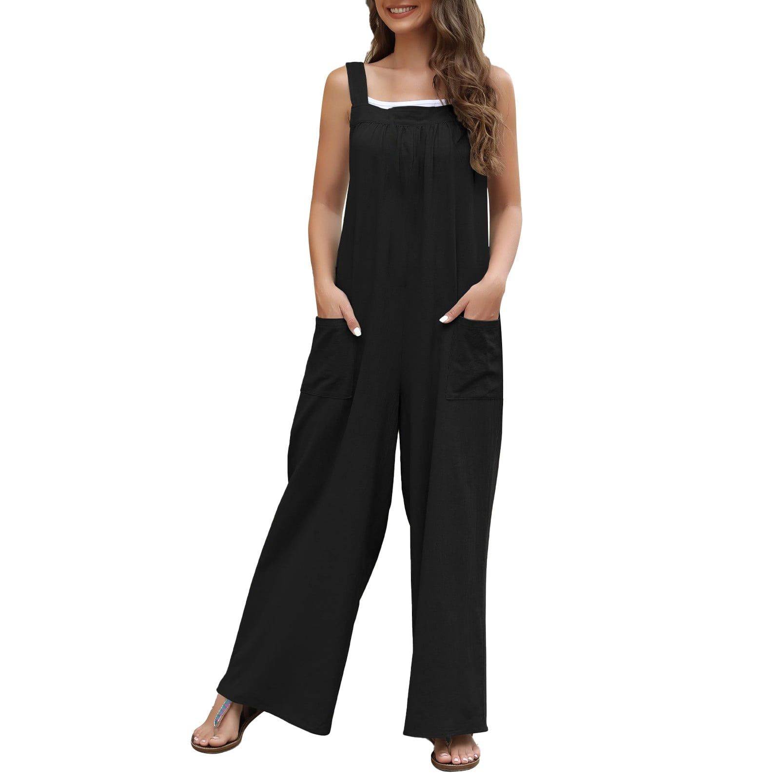 EHQJNJ Overalls Casual Loose Sleeveless Bib Wide Leg Jumpsuit With ...