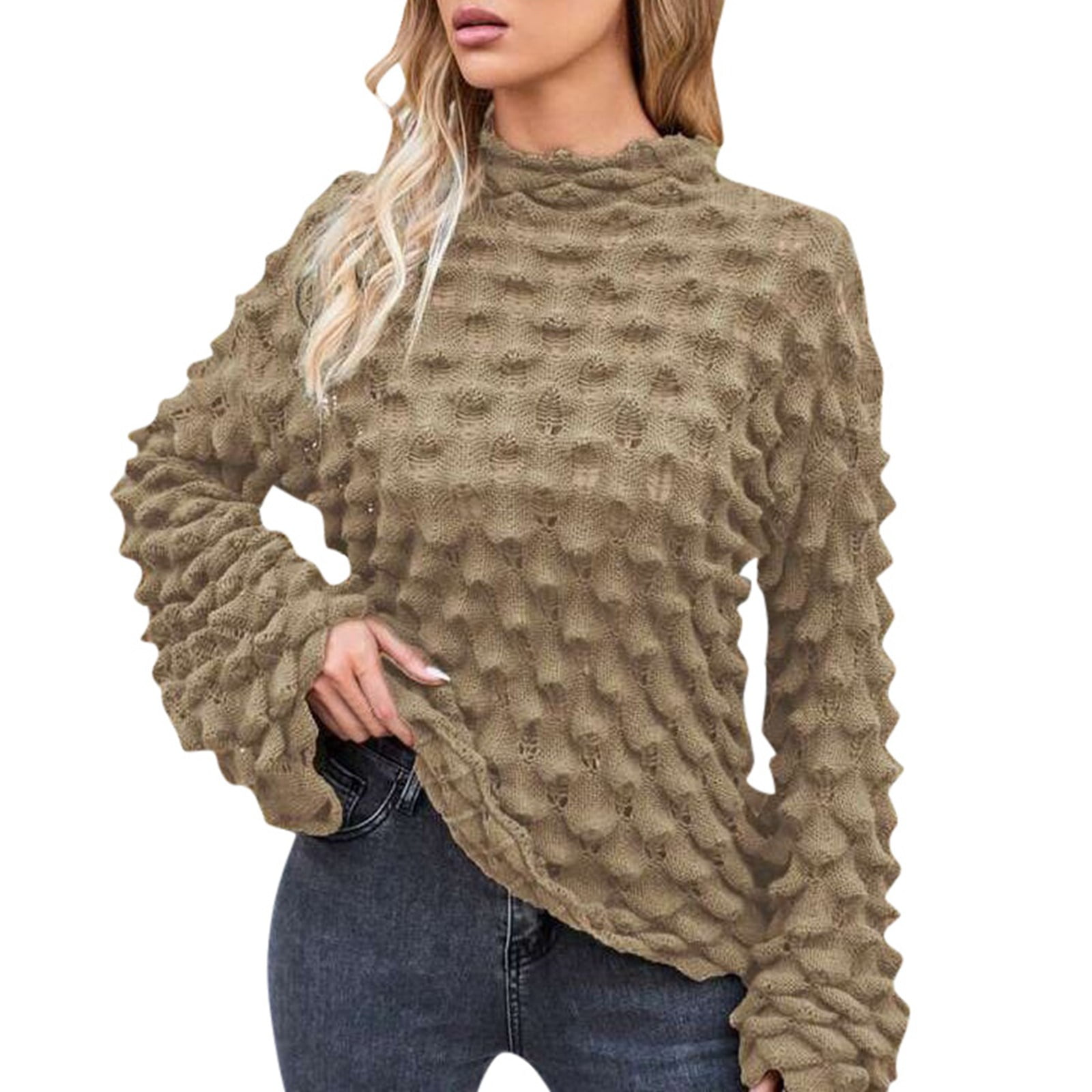 EHQJNJ Cotton Sweaters for Women Women Nice Sweater Medium High Neck Flare  Sleeve Fish Scale Stretch Sweater