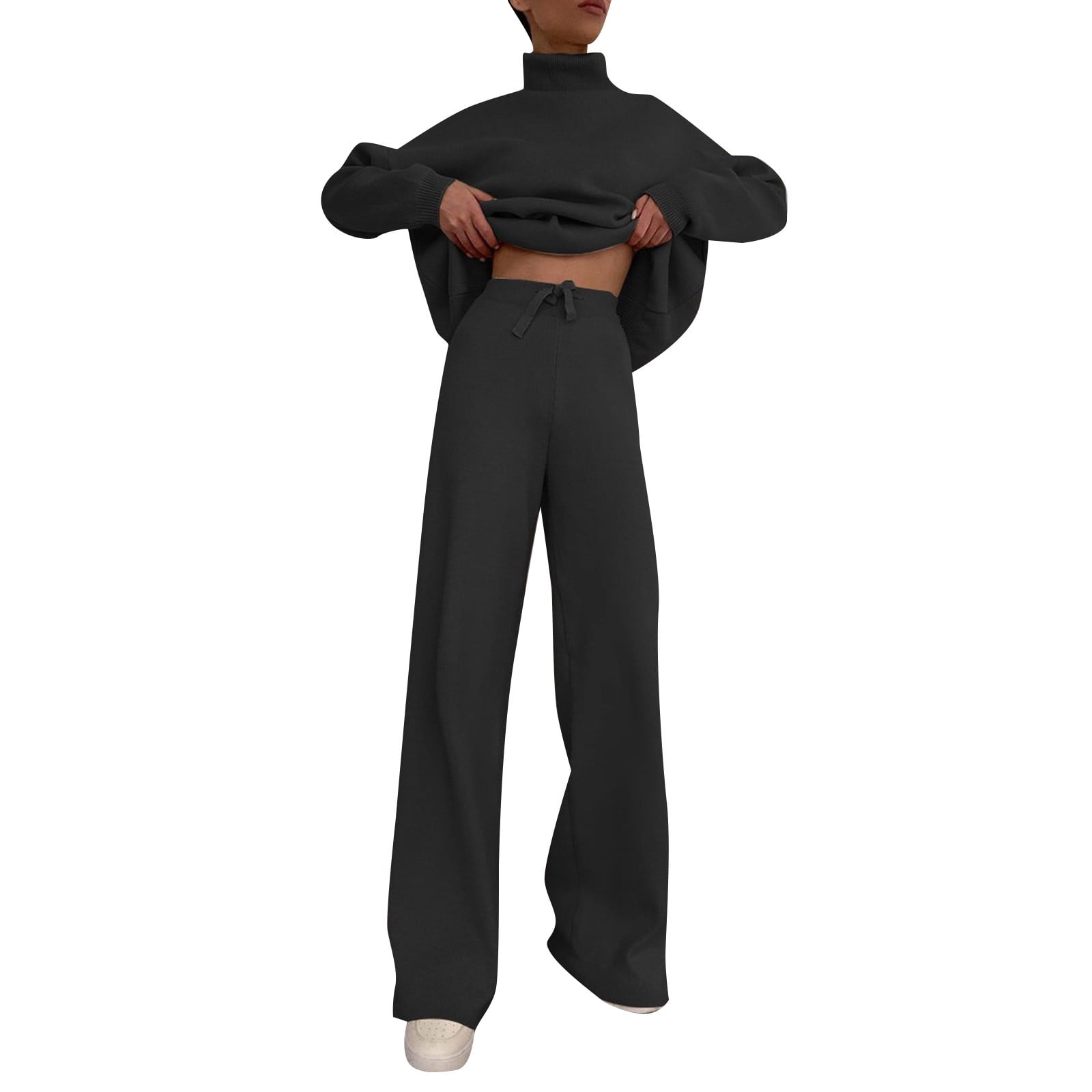 EHQJNJ Pant Suits for Tall Women Womens Long Sleeve Turtleneck Top High Waist Wide Leg Pants Set 2 Piece Sweatshirt Plus Size Outfits for Women Sweatsuits for Women Walmart