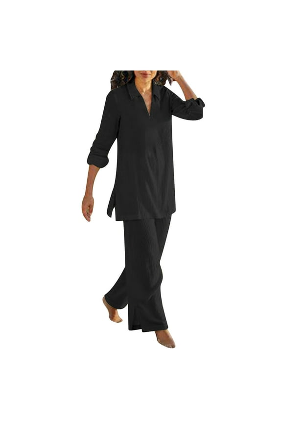 Pants Sets Women 2 Piece Outfits Women's Solid Color Vintage Pants Suit Cotton Casual Long Sleeved Loose Cotton Suit Outfits for Women Wide Leg Pant Suits for Women