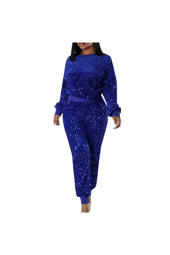 Pink Sweatsuit Set for Women Women's Casual Fashion Sequins Velvet Round Necked Long Sleeved Blouse Trousers Two Piece Suit Light Blue Tracksuit Outfits Women Set Party