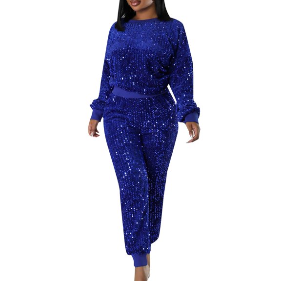 EHQJNJ Pink Velour Tracksuit Womens Women's Casual Fashion Sequins Velvet Round Necked Long Sleeved Blouse Trousers Two Piece Suit Outfits for Women 2 Piece Sets To Go Out Outfits