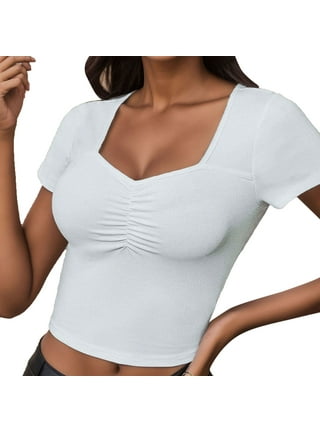Sehao Women's Push-Up Crop Top Deep V Neck Short Sleeve Wireless Bra Casual  Basic Blouse T Shirt White