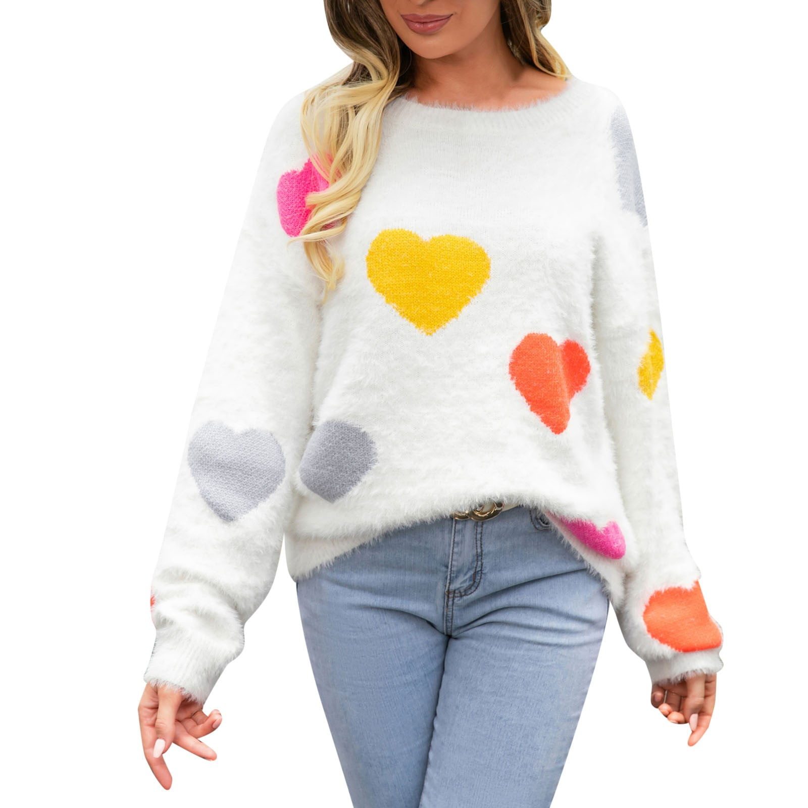 EHQJNJ Plus Size Valentines Day Sweater Women Heart Print Round Neck ...