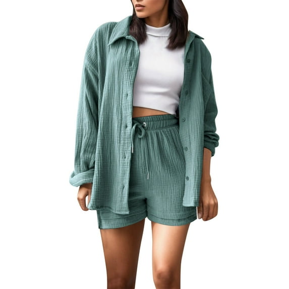 EHQJNJ Rave Outfits for Women Festival Warm Fashion Set Shorts Set Long Sleeve Shirt Suit Shorts Two Piece Set Basic Shirt Top and Shorts Set Club Outfits for Women
