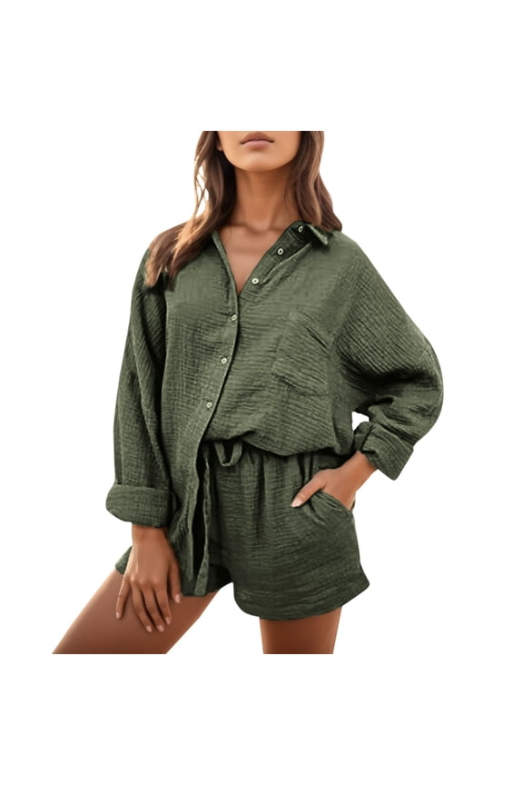 Rave Outfits for Women Plus 2 Piece Outfits Shirt Sets Long Sleeve Button Down Oversized Shirts and Shorts Summer Fall Two Piece Tracksuit Club Outfits for Women Clubwear 2024