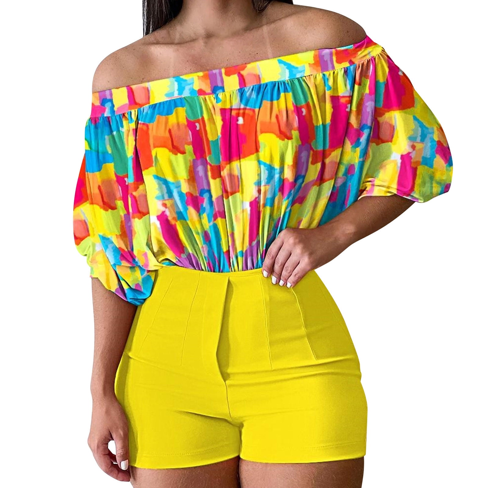 EHQJNJ Sex Outfits for Women 2 Piece Set Two Piece Shorts Spring Summer  Tops 2024 Fashion Clothing Floral Print Ruffle Off Shoulder Shorts Two  Piece Set with Belt 2 Piece Outfits for