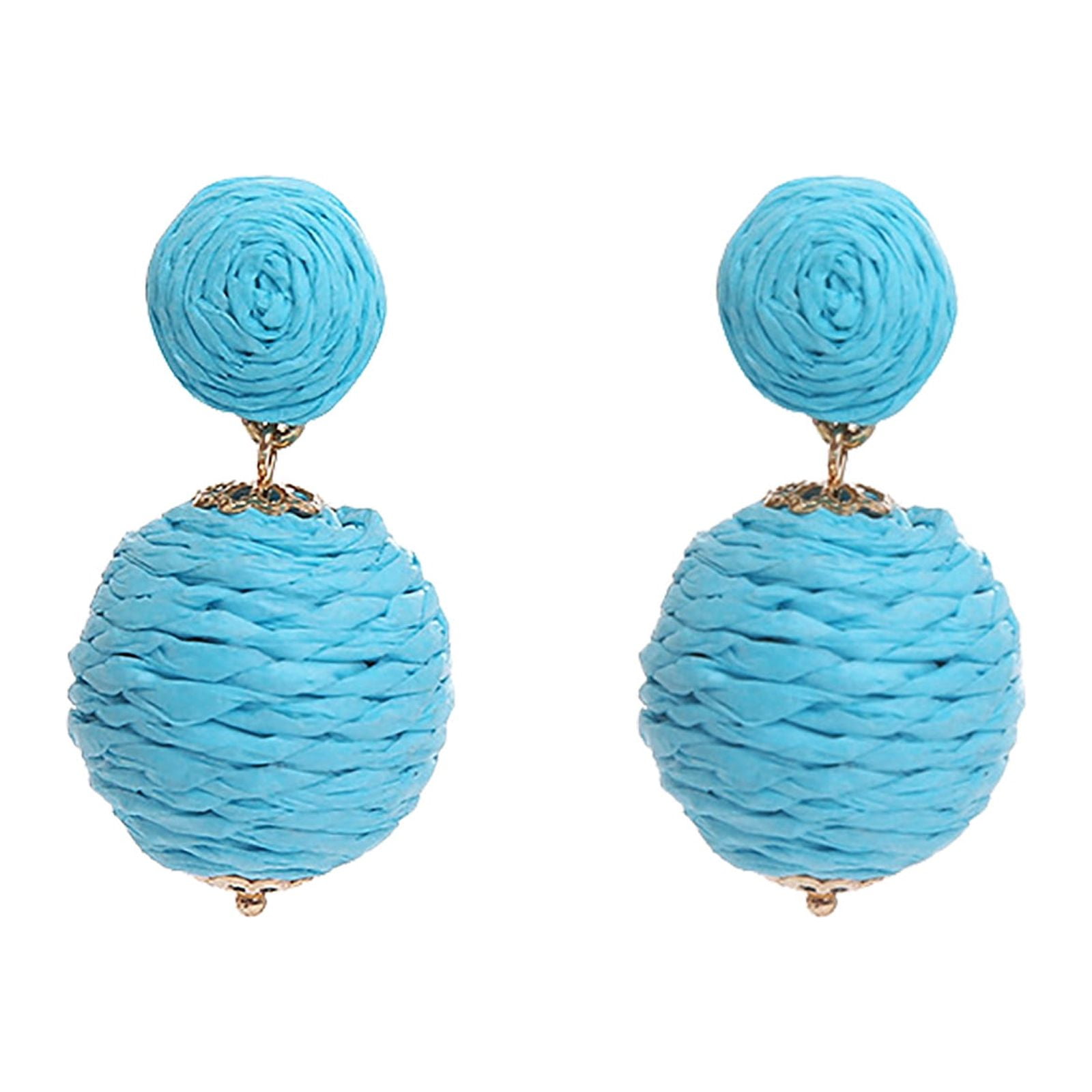 Raffia Drop Earrings For Women,Boho Rattan Statement Geometric Dangle Earrings Handmade Wrapped Straw Drop Earrings Bohemian Summer Beach Jewelry