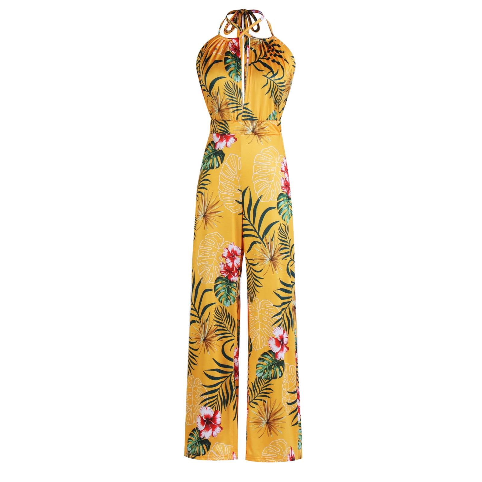 EHQJNJ Summer Romper for Women Lace up Hanging Neck Jumpsuit Leaf Print